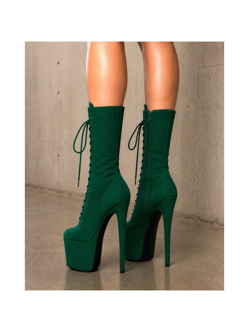 NIB Flamingo 1050FS Emerald Green V-Suede 8" Heel Platform Mid Calf Boots